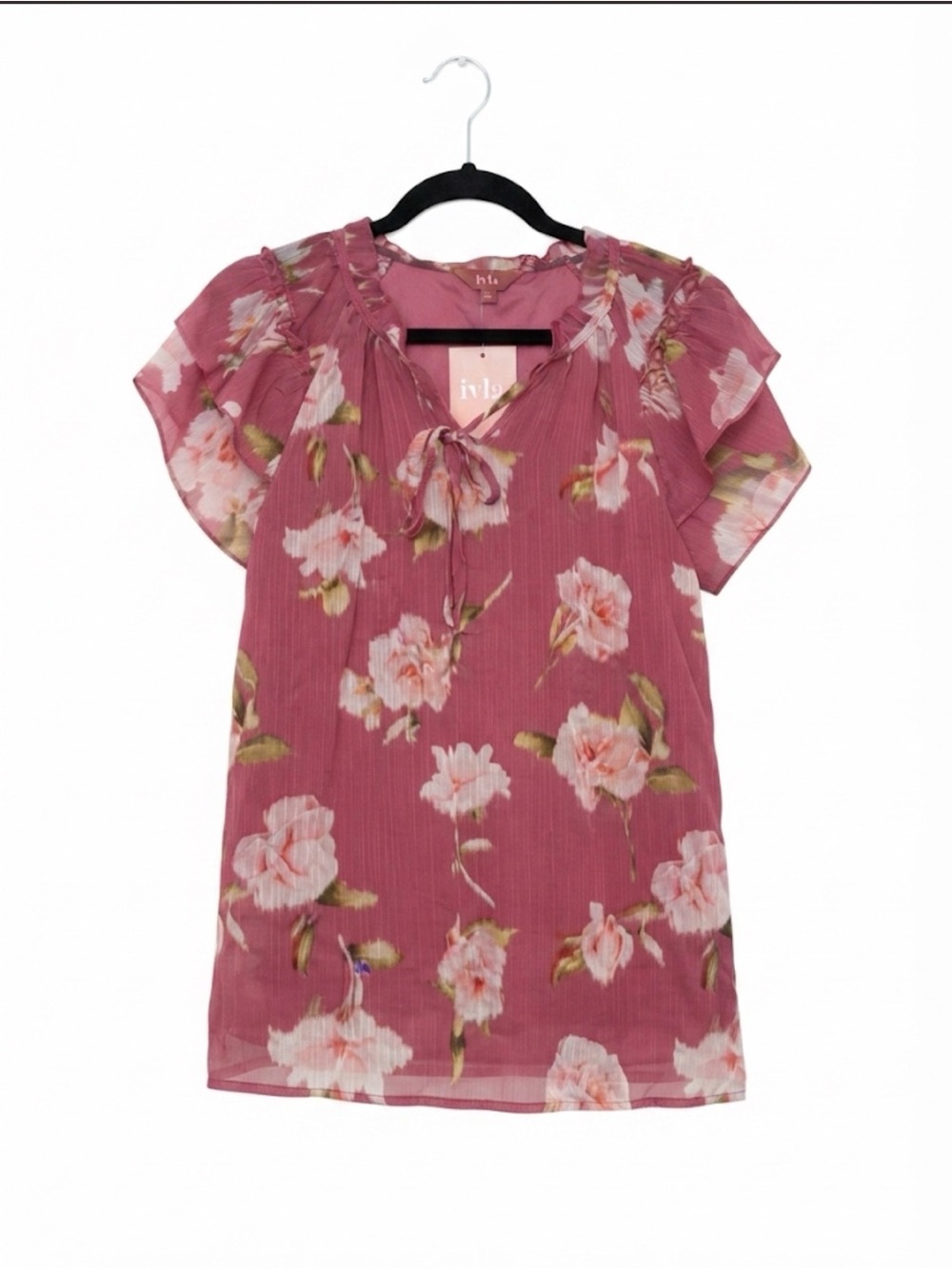 Lyla Raspberry Floral Tie-Neck Flutter Sleeve Blouse